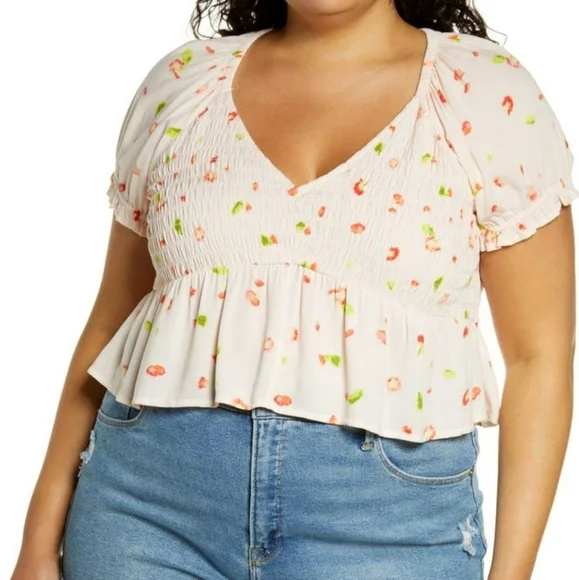 BP. Babydoll Shirred Pink Floral Smocked Short Sleeve Peplum Crop Top Multicolor - Picture 12 of 13